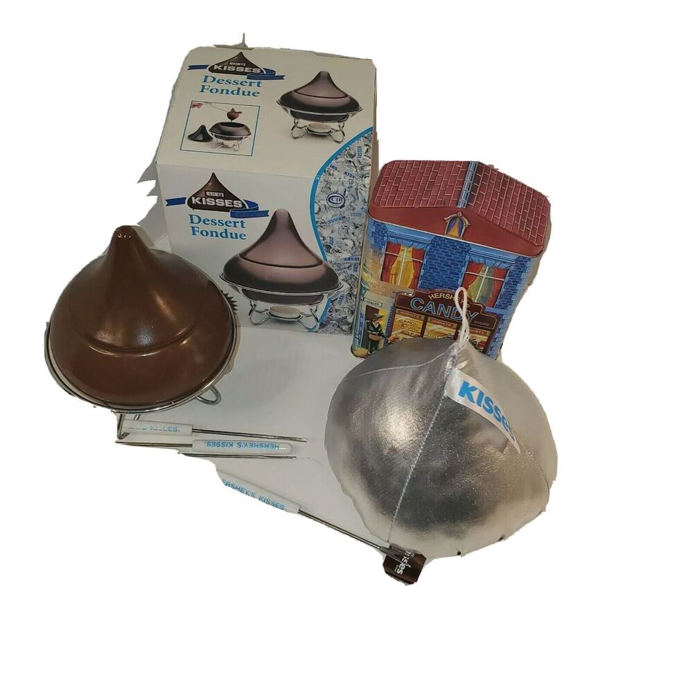 Hersheys Kisses Chocolate Gift Set with Fondue, Plushie & Tin Can Original Box